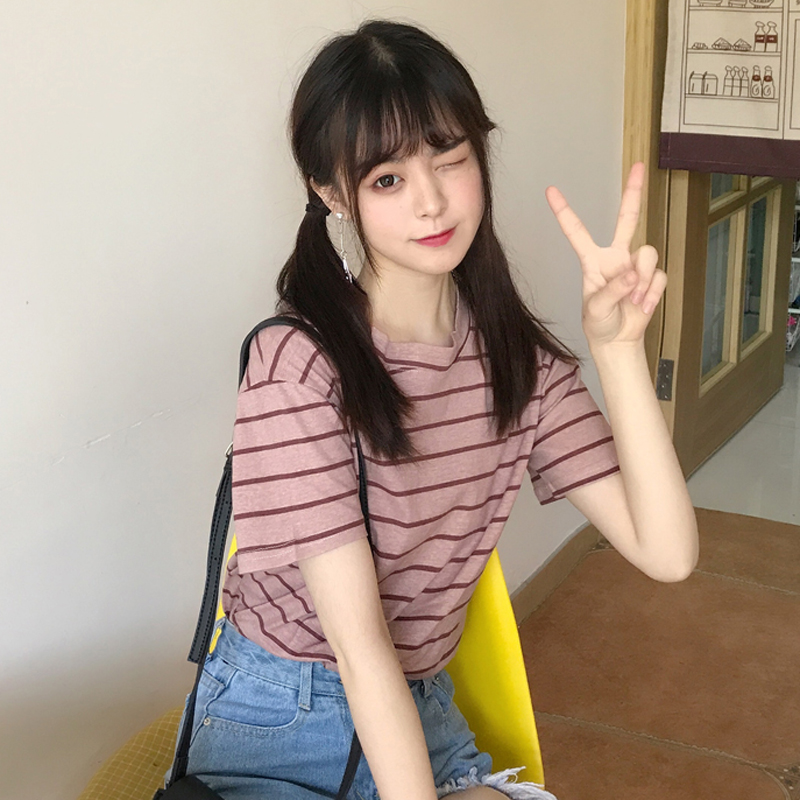 春夏新款女裝韓版顯瘦寬鬆百搭條紋圓領短袖T恤學生打底衫上衣